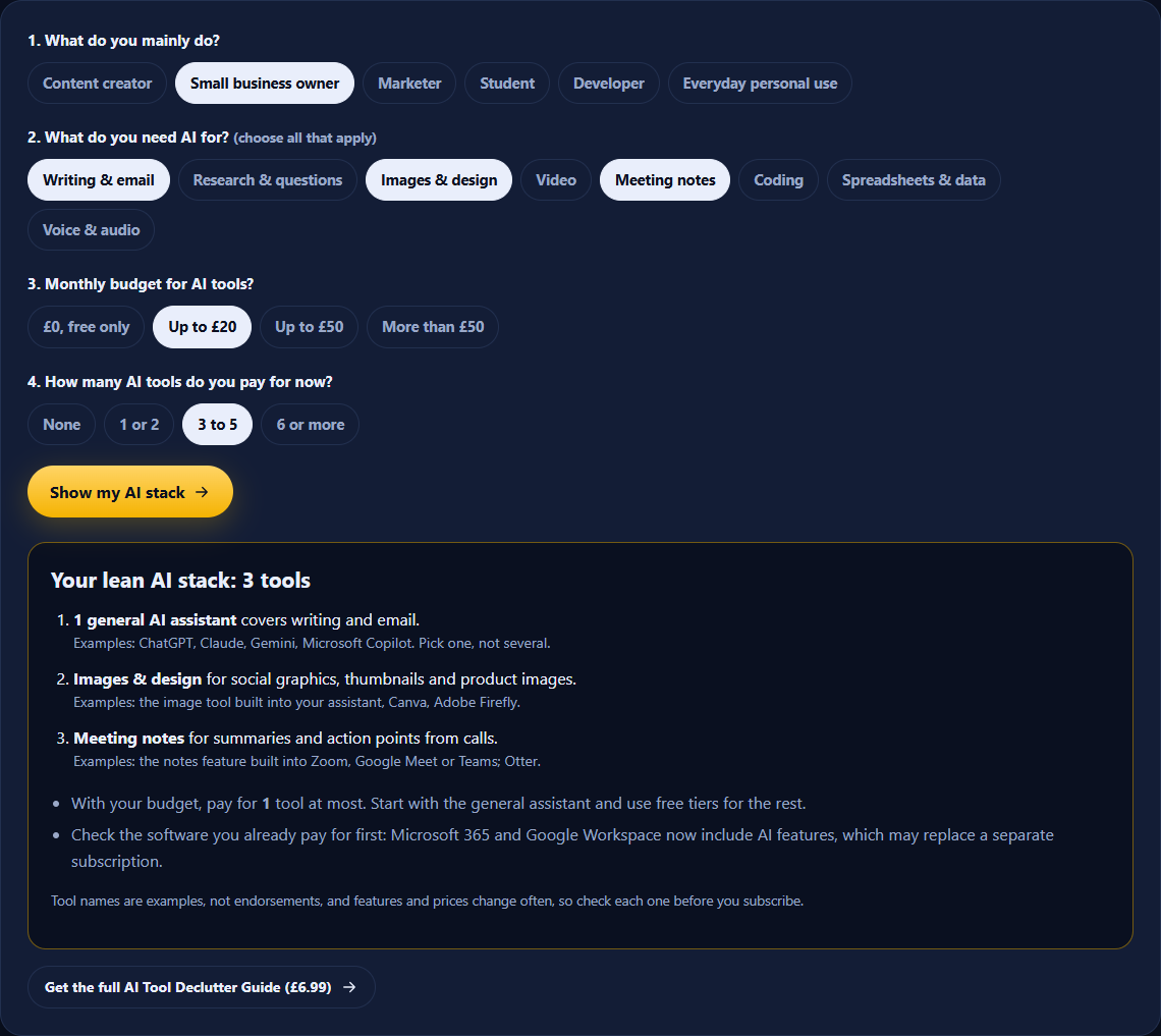 The AI tool picker showing a lean AI stack recommendation for a small business owner