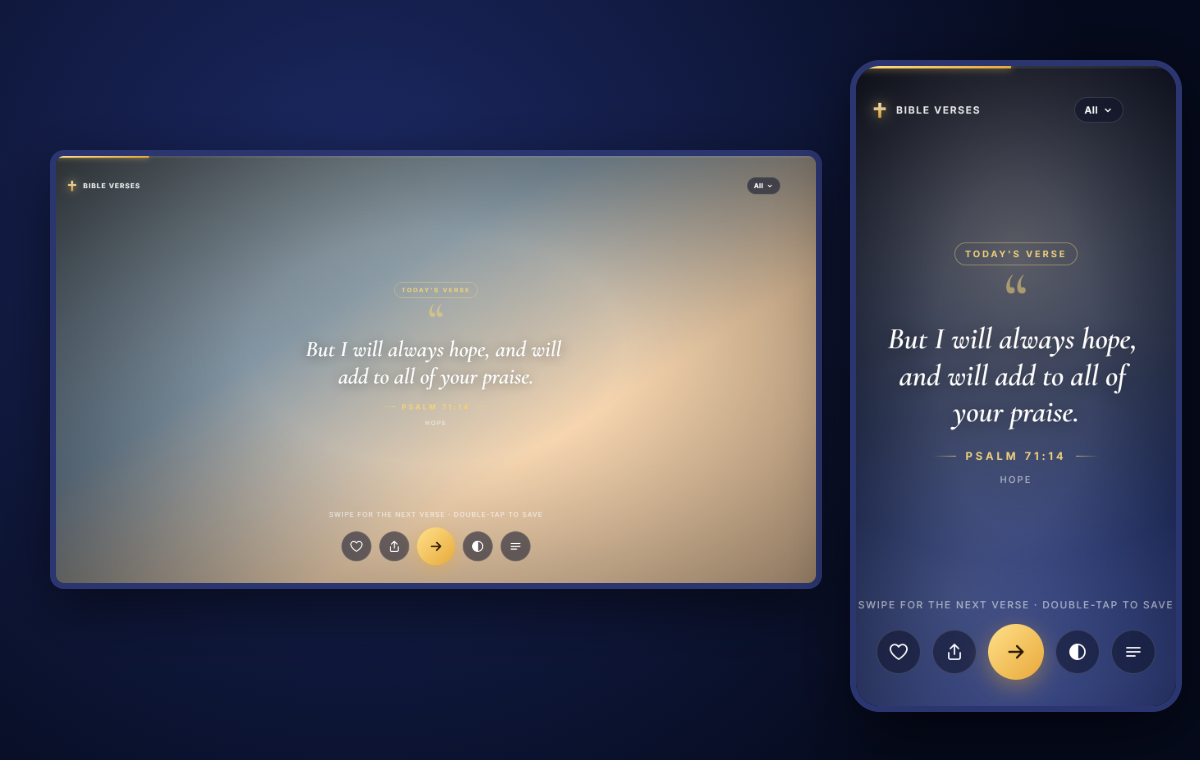 The free Bible verse live wallpaper: a verse over a soft blue scene on a computer, and the same on a phone