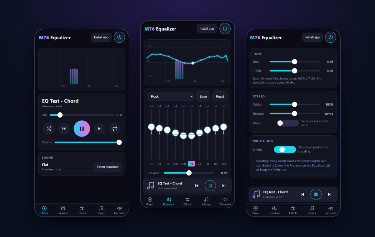 The free online equalizer in a browser: the player with a live spectrum, the 10-band equaliser with presets, and the effects page