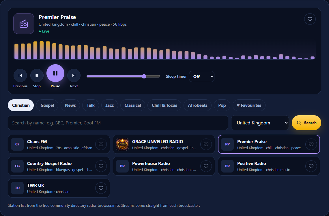 The free live radio player with a station playing and a list of Christian radio stations