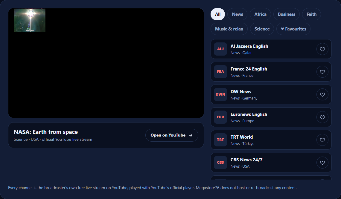 The free live TV player showing the channel list with a world news channel playing
