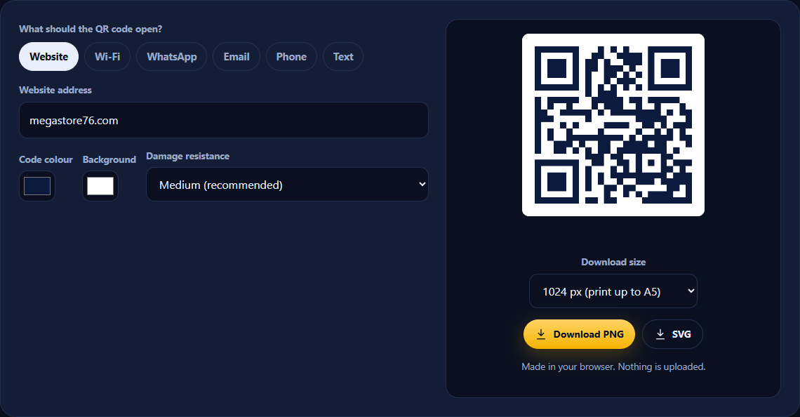 The free QR code generator making a code for a website, with colour and size options