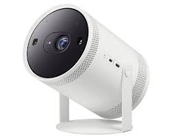White cylindrical security camera mounted on a white stand, facing forward for home surveillance.