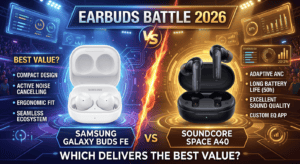 Samsung Galaxy Buds FE vs Soundcore Space A40 earbuds value comparison 2026