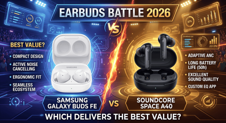 Samsung Galaxy Buds FE vs Soundcore Space A40 earbuds value comparison 2026