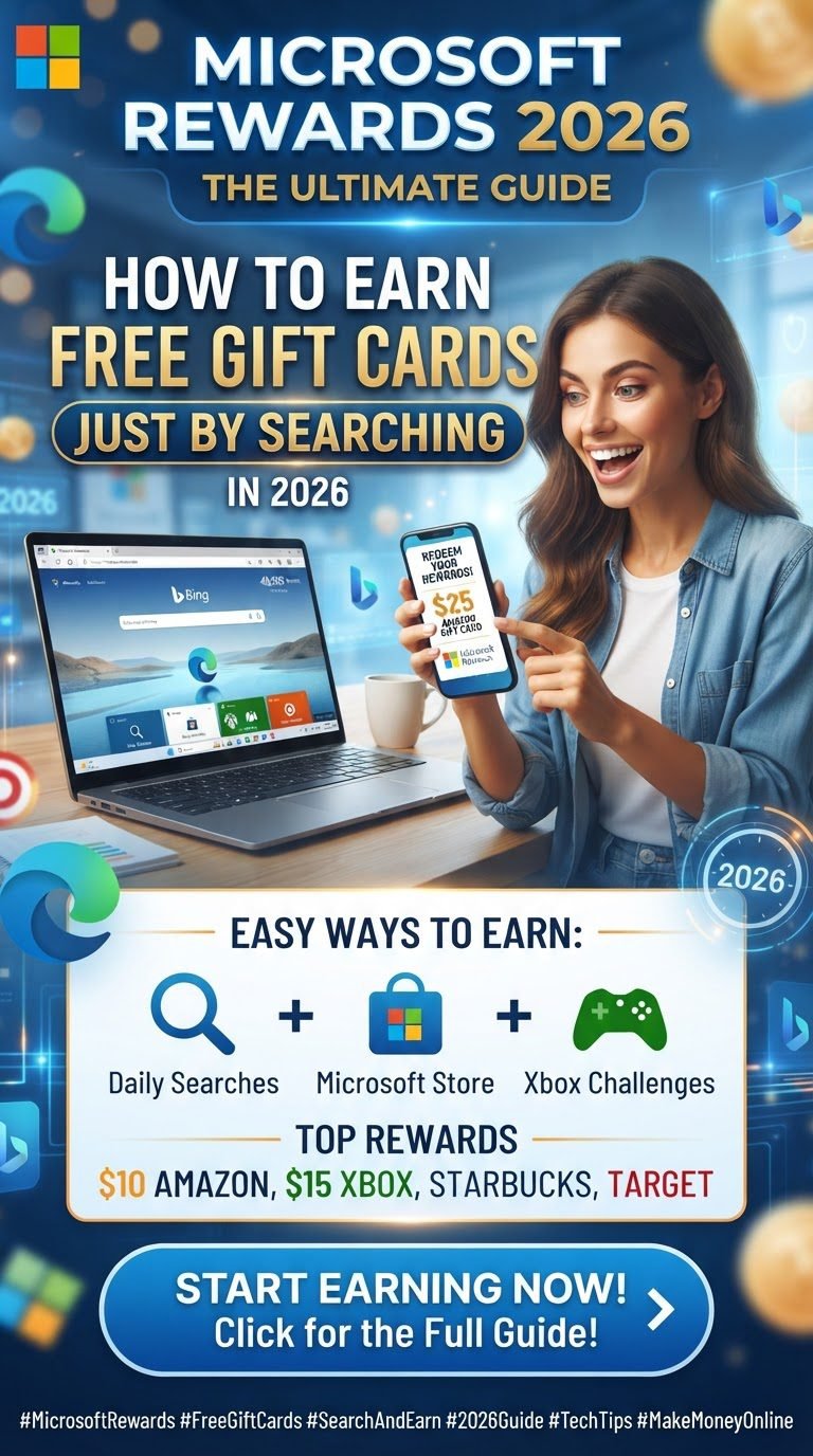 Microsoft Rewards dashboard showing points balance and redemption options