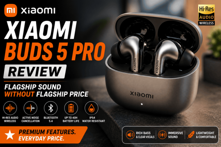 Xiaomi Buds 5 Pro wireless earbuds with charging case