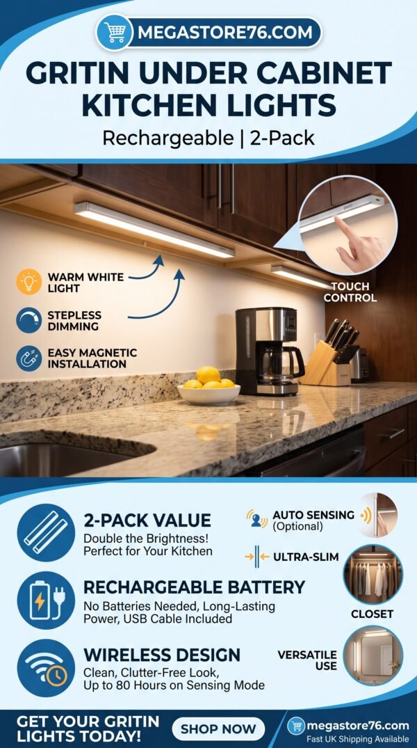 Gritin Under Cabinet Kitchen Lights Rechargeable 2-Pack