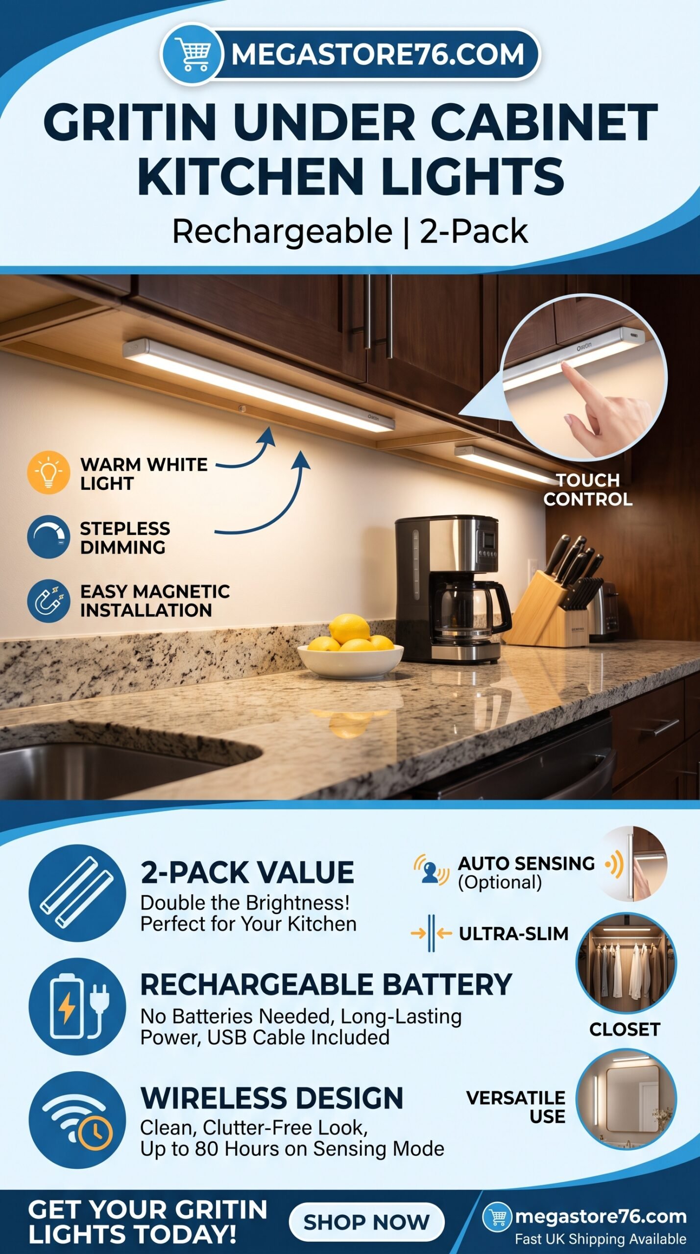 Gritin Under Cabinet Kitchen Lights, 2-Pack