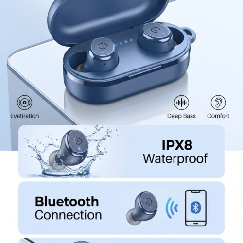 TOZO T10 Wireless Earbuds Blue, Bluetooth IPX8 Waterproof Wireless Charging Case