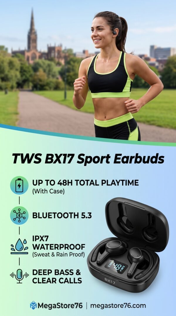 TWS BX17 Wireless Earbuds Bluetooth 5.3 48H Playtime LED IPX7 Sport Mic Bass