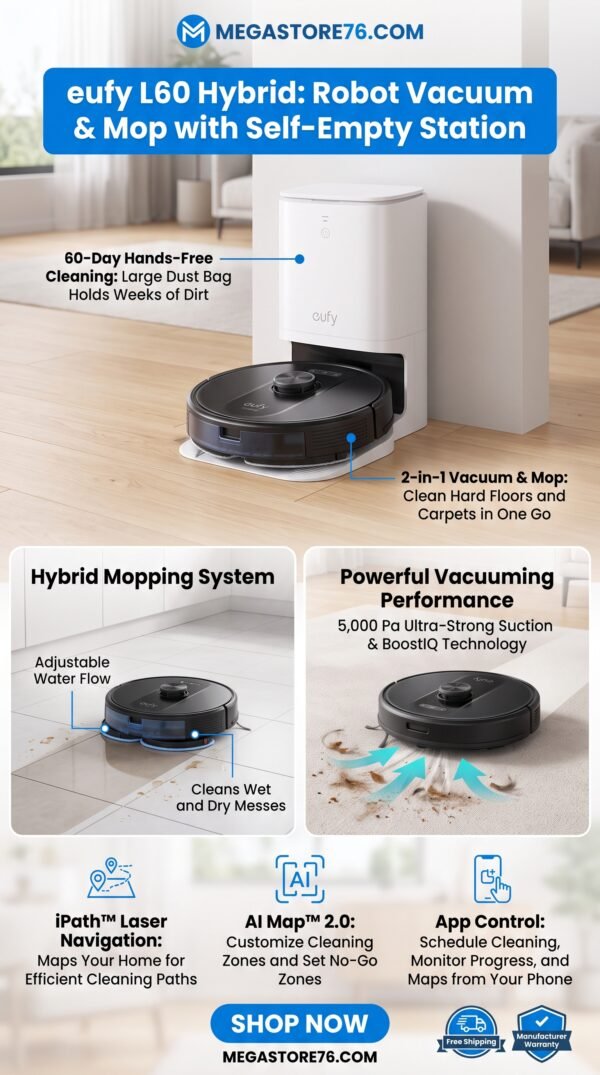 eufy L60 Hybrid Robot Vacuum Cleaner with Mop and Self-Empty Station