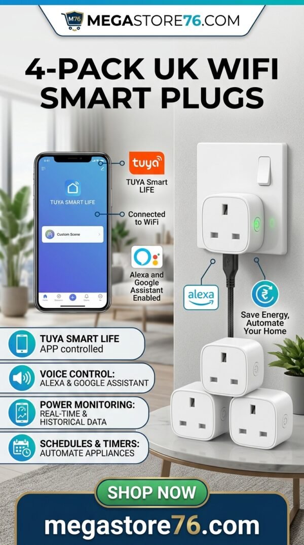 4pack Tuya Smart Life Wifi Smart Plugs with Power Monitor UK Plug Alexa Voice