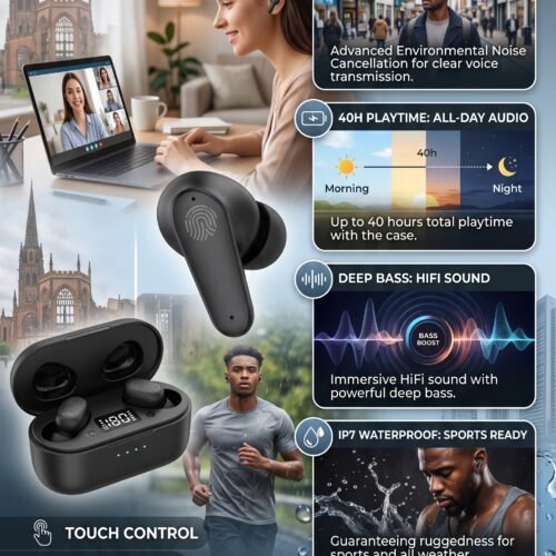 Wireless Earbuds Bluetooth 5.3 ENC Mic 40H Playtime Deep Bass IP7 Waterproof