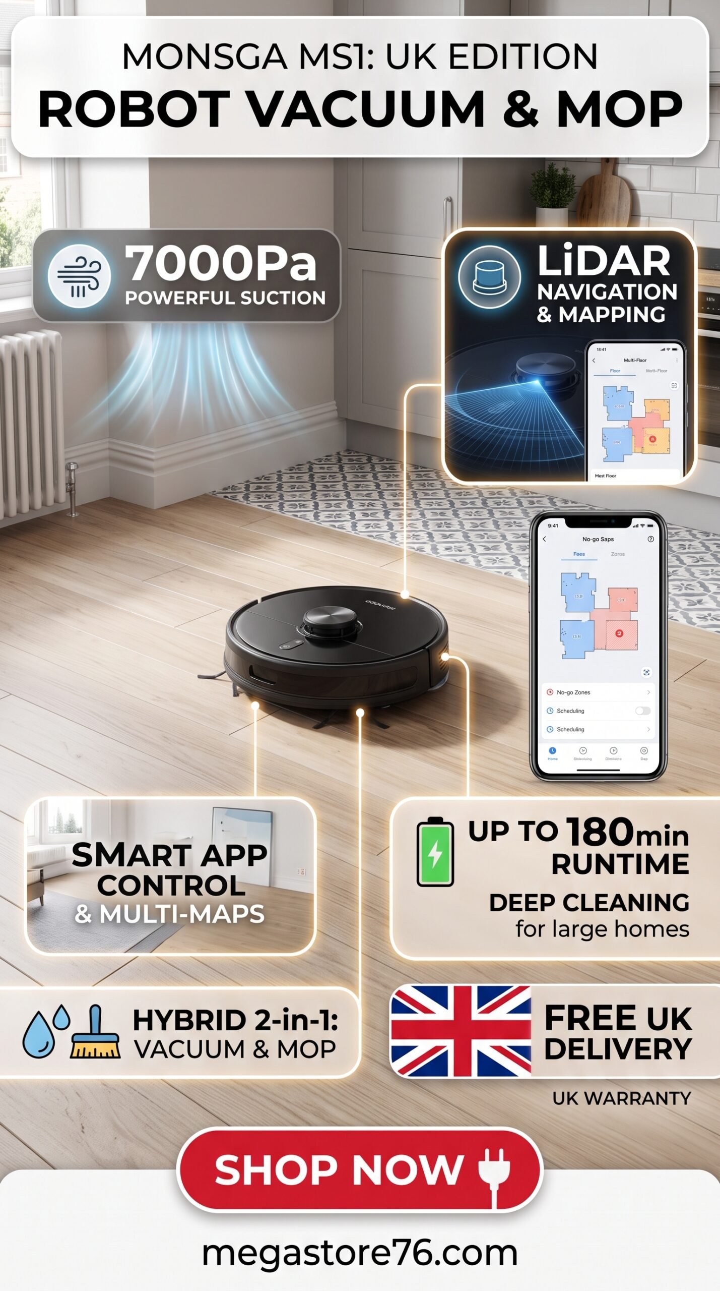 MONSGA MS1 Robot Vacuum and Mop, 7000Pa