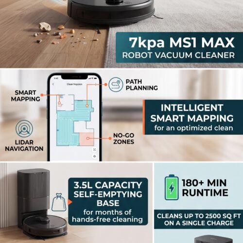 7KPa MS1-MAX Robot Vacuum Cleaner Smart Mapping 3.5L Hoover 180mins APP/Remote