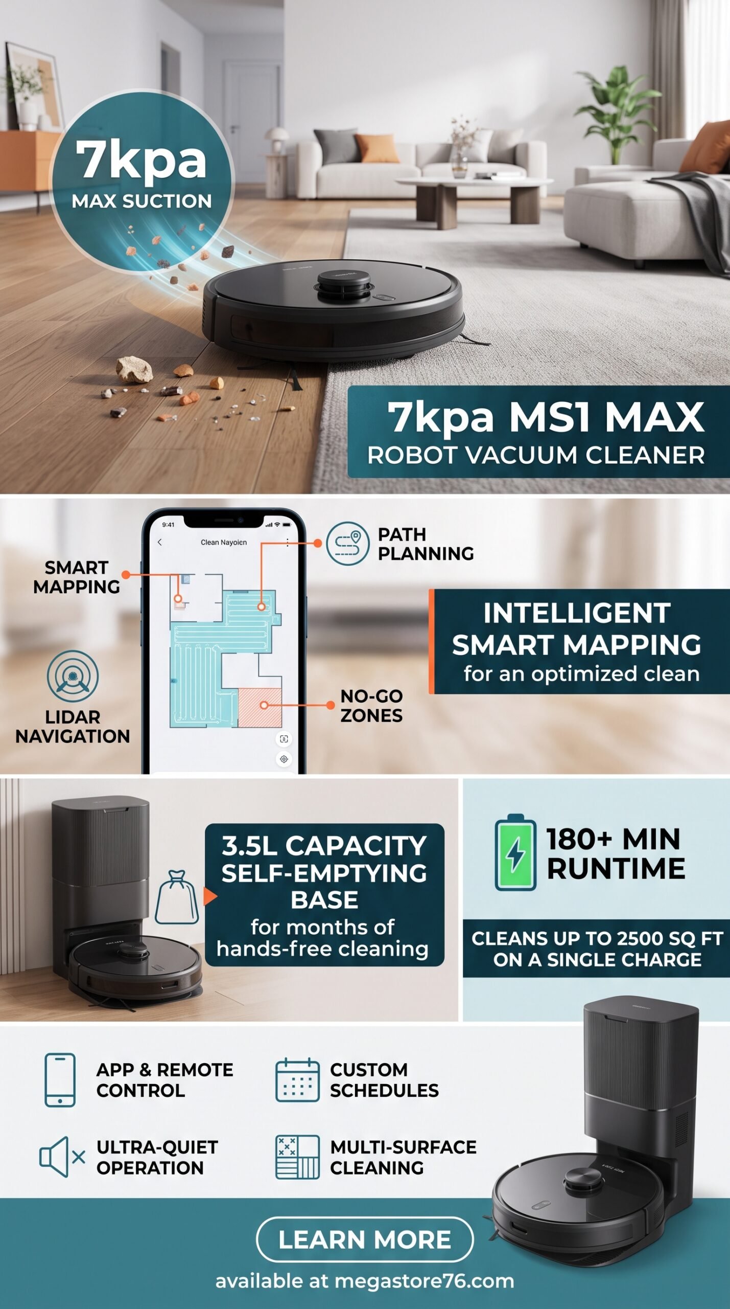 7KPa MS1-MAX Robot Vacuum, 3.5L Self-Emptying