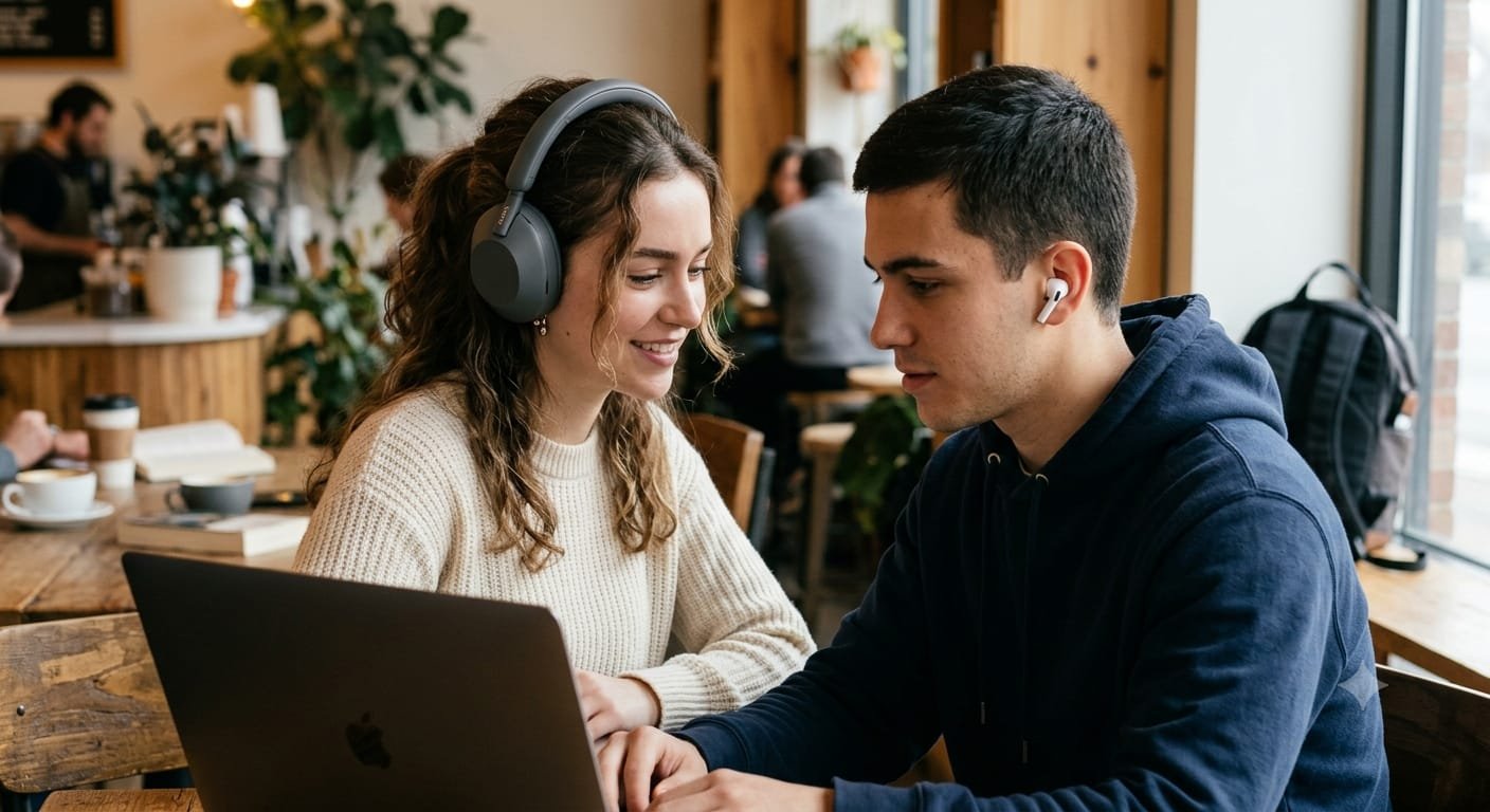 Smart devices in daily use &mdash; headphones, earbuds and laptop