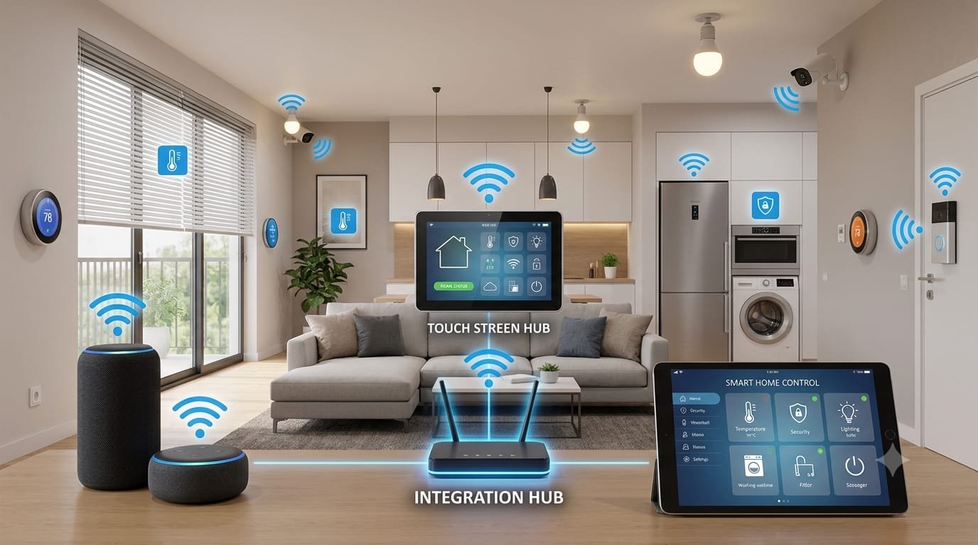 Smart home devices connected around a modern living room