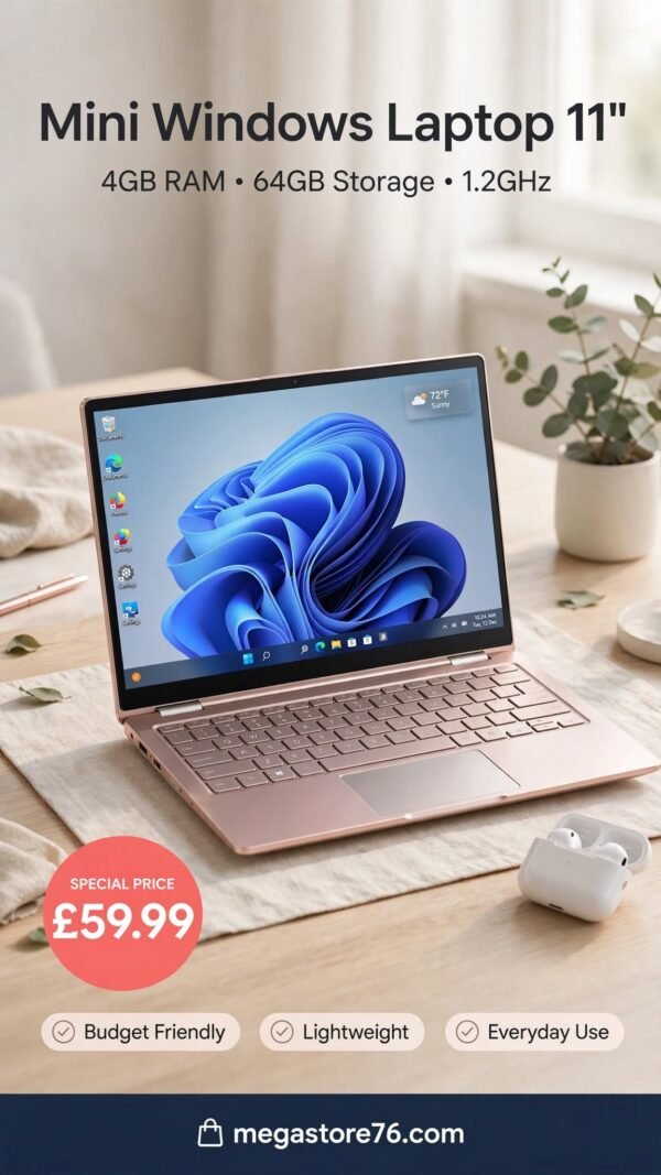 mini_laptop_rose_gold_workspace Cheap Laptop Mini Windows 10 11" Laptop 1.2Ghz 4GB RAM 64GB Storage