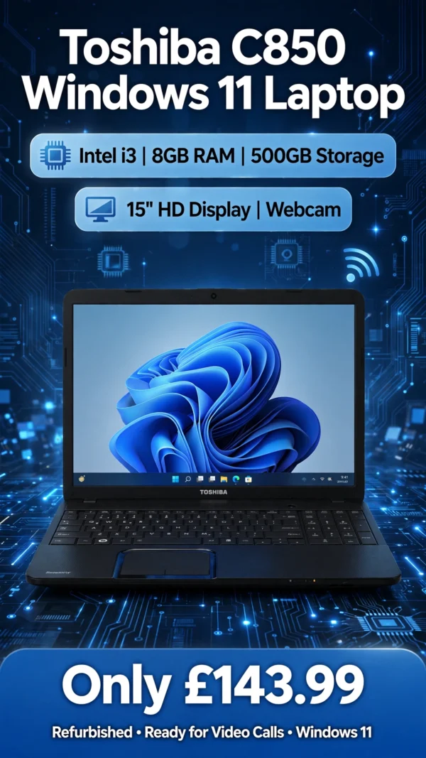 toshiba_c850_poster Toshiba C850 Windows 11 Laptop Intel I3 8GB RAM 500GB Storage 15" HD Webcam