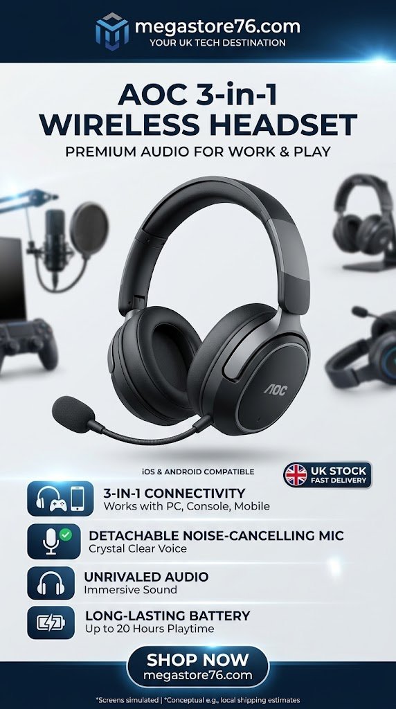 AOC 3-in-1 Wireless Headset with Microphone