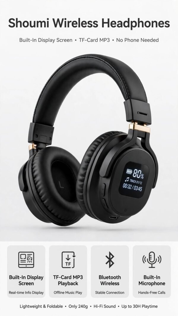 shoumi_headphones_product_poster Shoumi Wireless Headphones with Display Screen (TF-Card MP3)