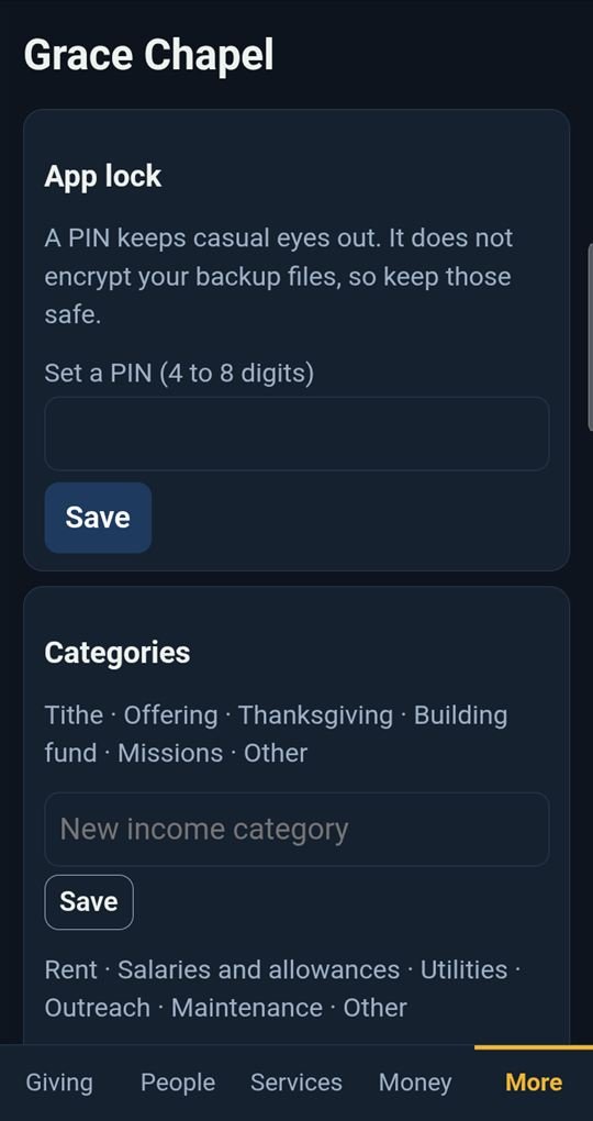 Church Ledger settings with app lock and categories