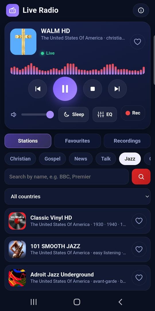 Live Radio app playing a station