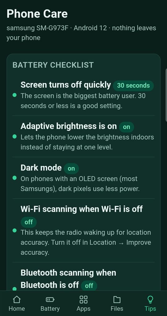 Phone Care battery checklist screen