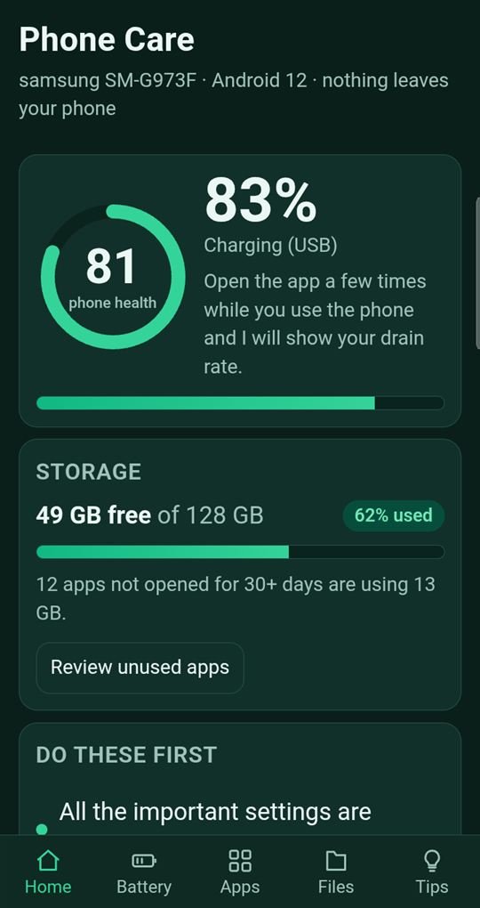 Phone Care app home screen