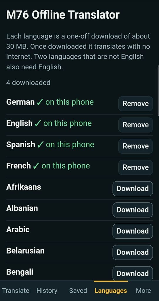 Offline Translator language downloads