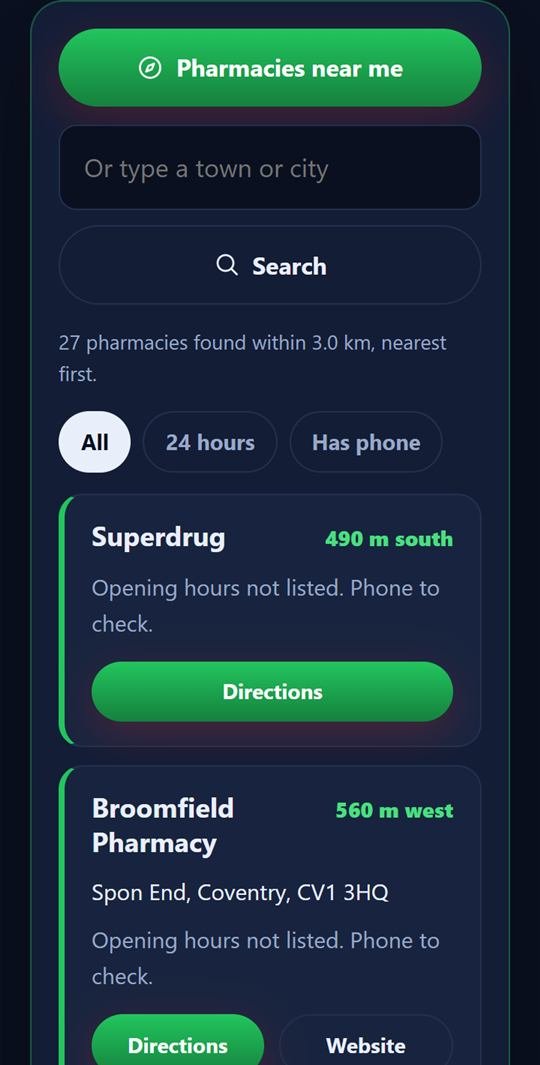 World Pharmacy app listing the nearest pharmacies