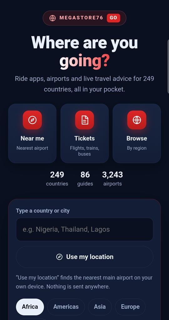 World Transport Guide app home screen